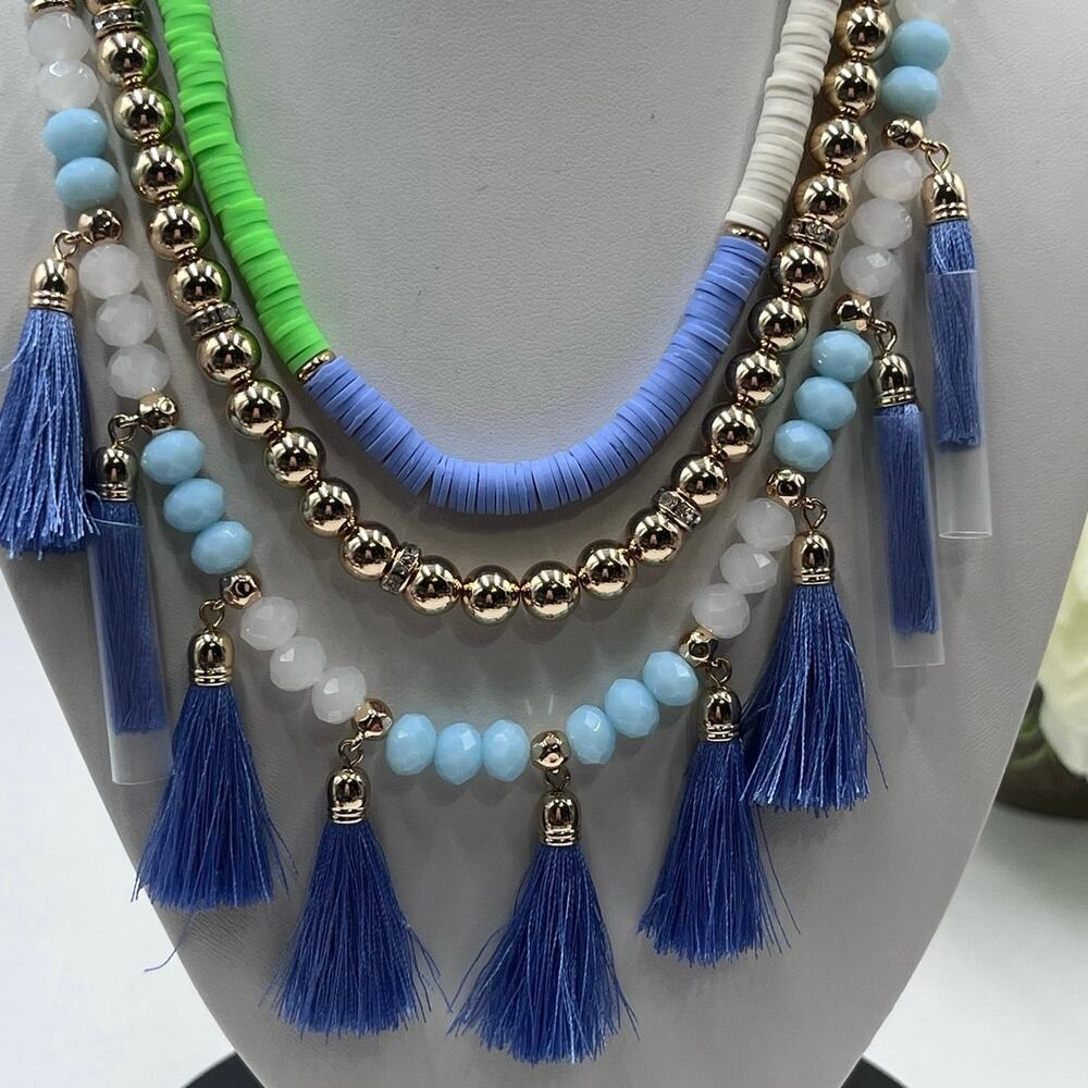 Lilly Pulitzer Lilly‎ "HI SUMMER" Blue Green Beaded Triple Strand Necklace New